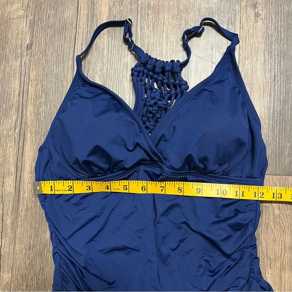 Jantzen Navy Blue Macrame Strappy Back One Piece Ruched Bathing Suit Swim M - Picture 13 of 14
